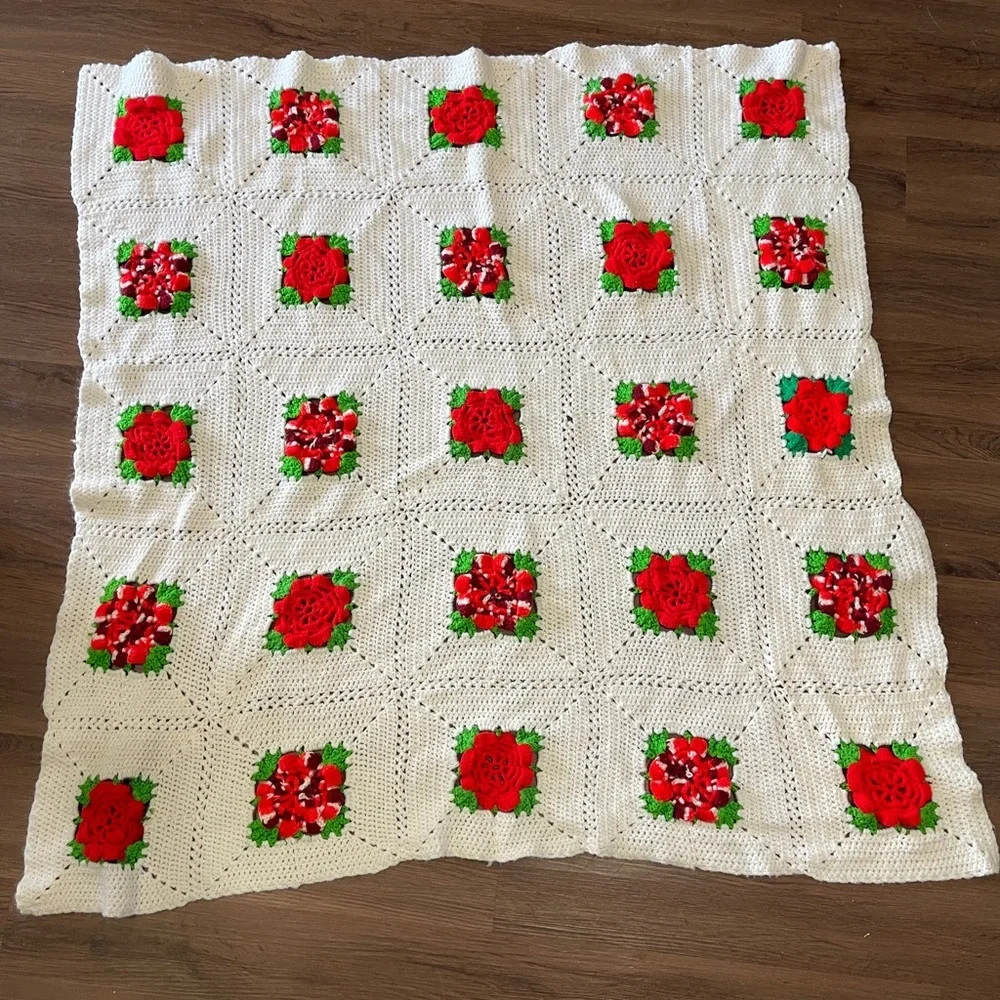 Crocheted Afghan Throw Blanket 3D Red Roses Granny Squares 51” X 52”